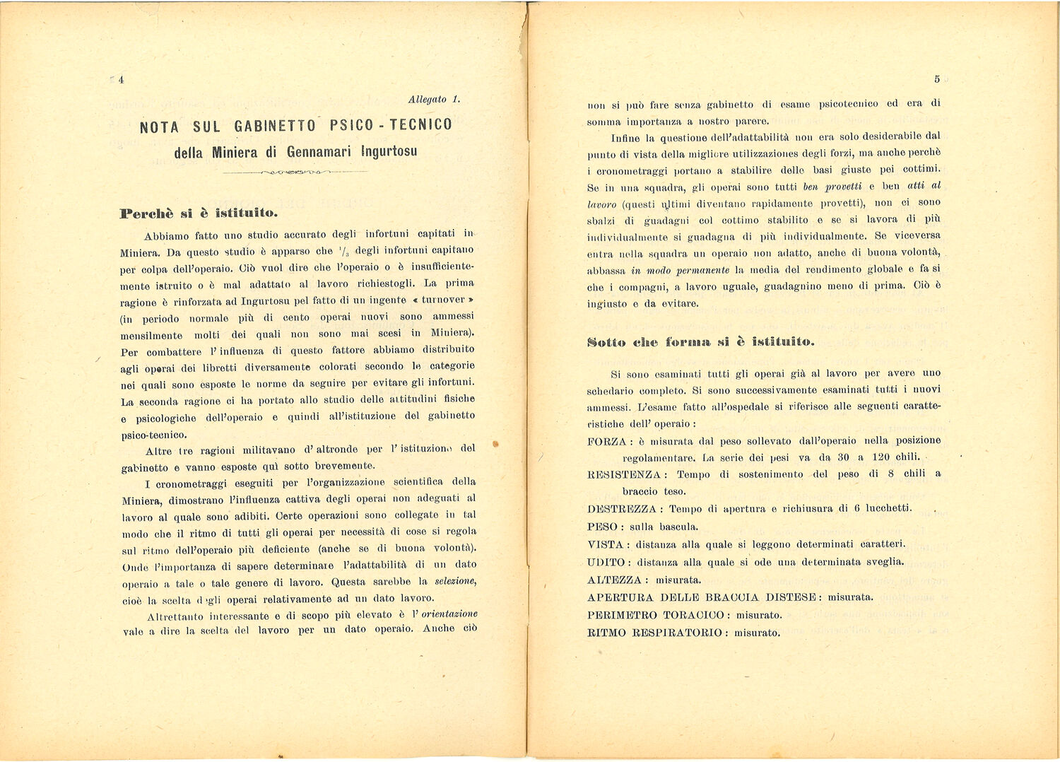 Audibert, Nota sul gabinetto psico tecnico della Miniera di Gennamari Ingurtosu, in Resoconti dell’associazione mineraria Sarda – Seduta del 15 dicembre 1929
